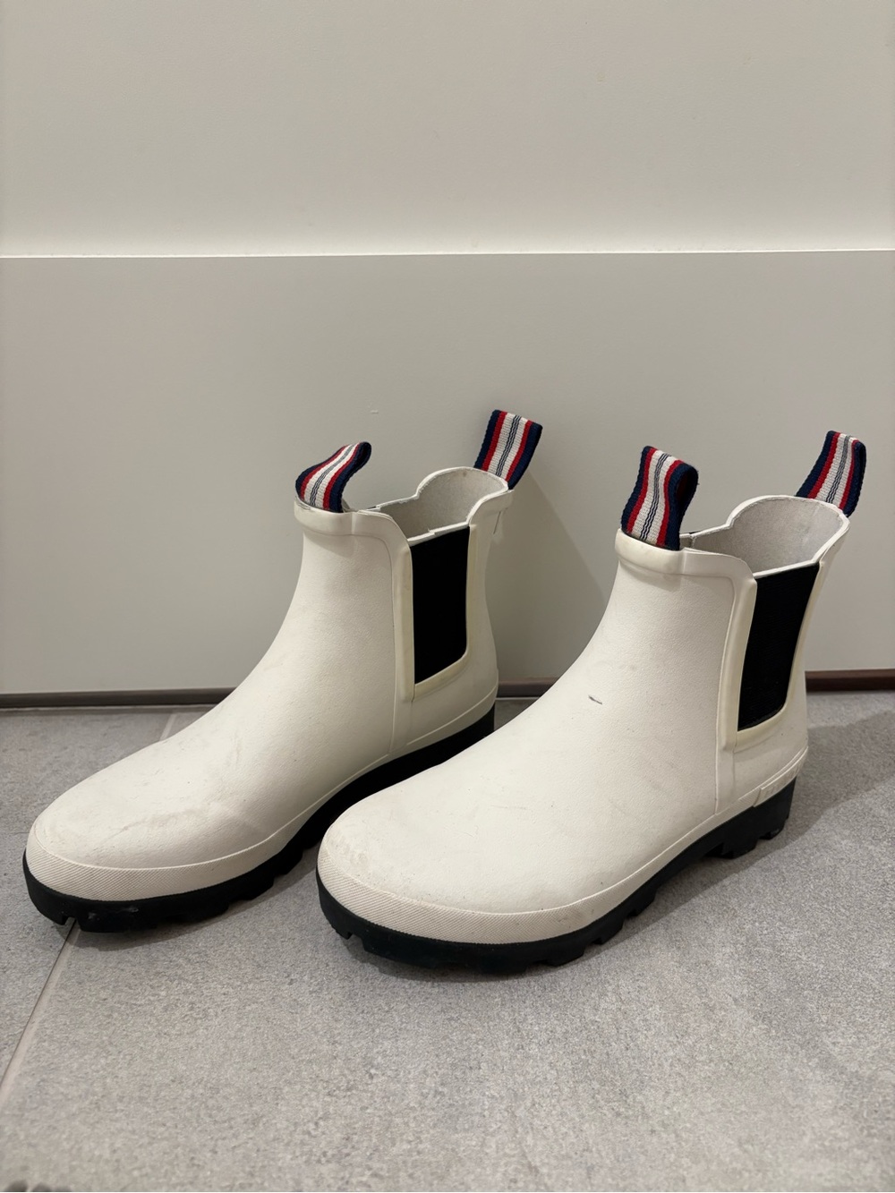SeaVees White Chelsea Rain Booties with Black Soles and Tricolor Pull Tabs
